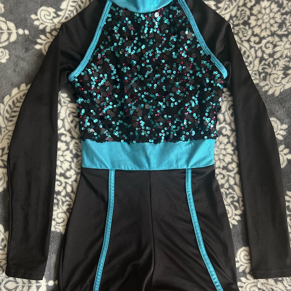 Kids Dance Costume - Black & Teal Sequin Leotard